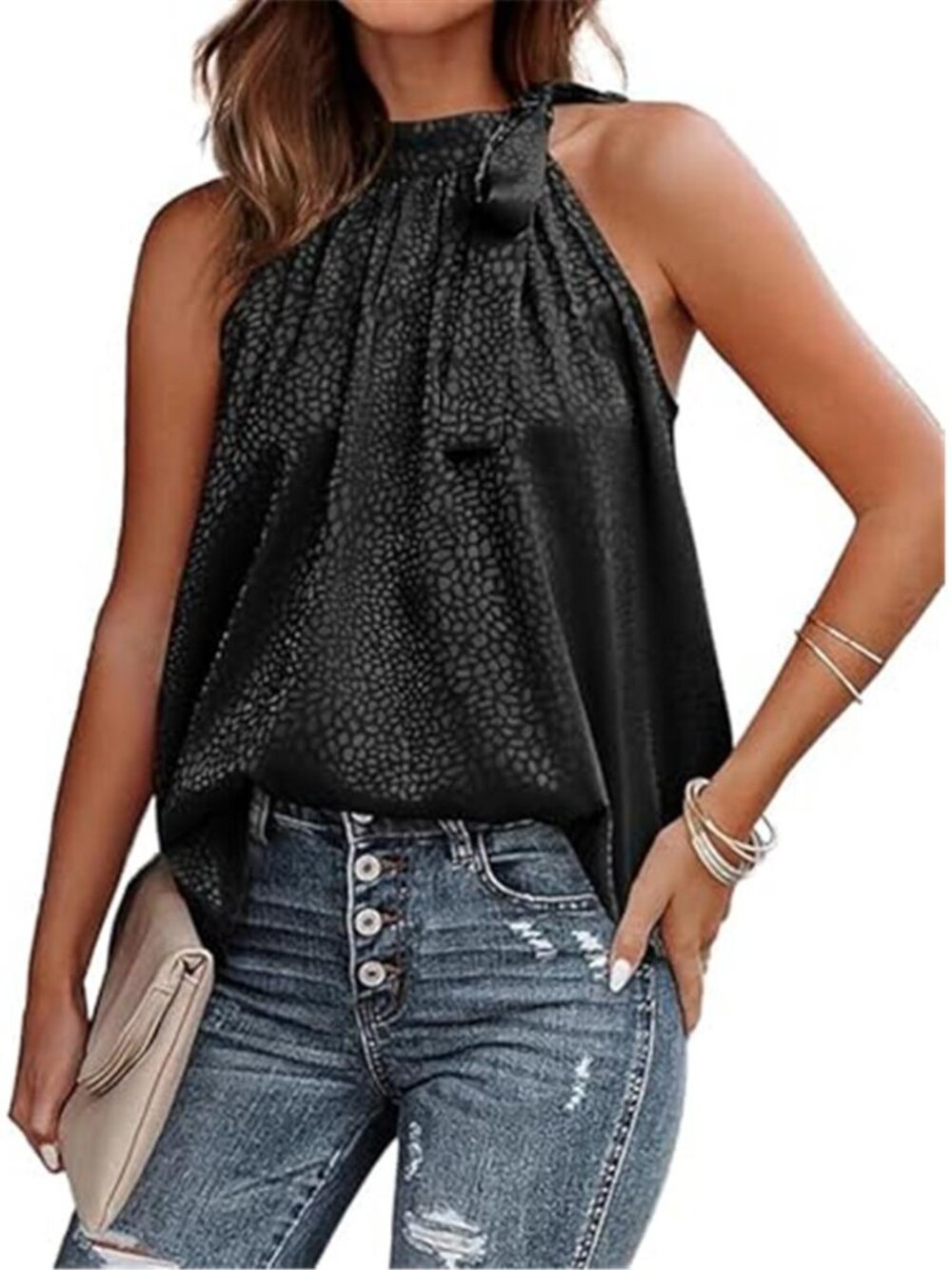 Satin Halter Tank Top Leopard Print Mock Neck Side Tie Sleeveless Loose Blouse